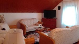 un soggiorno con 2 sedie e una TV di Studio 45 sqm with mountain view a Porumbacu de Sus