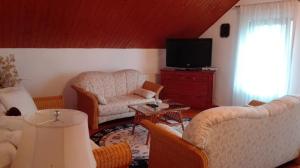 a living room with two chairs and a television at Studio 45 sqm with mountain view in Porumbacu de Sus