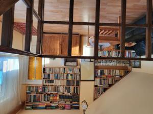 una biblioteca con varios estantes de libros en Betty Panzio en Miercurea-Ciuc