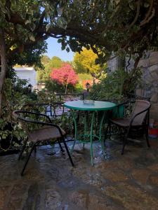 Yard في Astirákion: طاولة خضراء وكراسي تجلس تحت شجرة