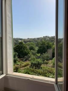 a window with a view of a field of trees at La Célestine in Valensole