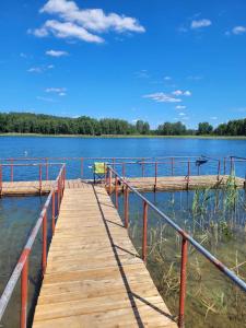 un muelle en un lago con un banco en él en Leśny dworek - pokoje nad jeziorem en Koczała