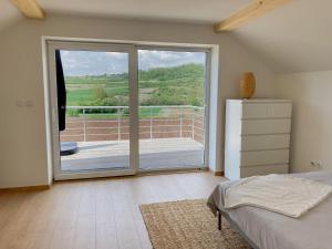 a bedroom with a large sliding glass door with a balcony at Agro Lux Apartment - Milenović in Soko Banja