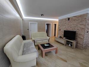 a living room with two couches and a tv at Apartman Avala Beograd in Beli Potok