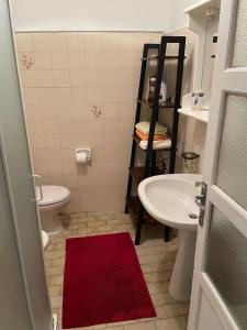 a bathroom with a toilet and a sink and a red rug at Cà Rosina Casavacanze in Brusimpiano