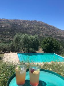 duas bebidas numa mesa ao lado de uma piscina em Special Farmstay, Faia-Guarda em Faia