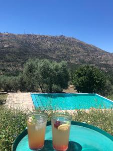 two drinks on a table next to a pool at Special Farmstay, Faia-Guarda in Faia