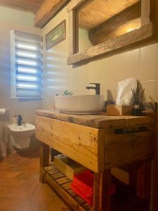 uma casa de banho com um lavatório num balcão de madeira em FIG Cottage em Faenza