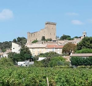 un edificio con un castillo en el fondo en Grande maison avec patio au cœur du village, en Châteauneuf-du-Pape