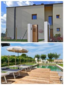 dwa zdjęcia domu i basenu z parasolem w obiekcie B&B Il Vigneto w mieście Desenzano del Garda