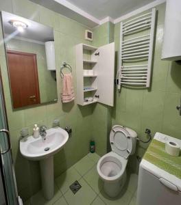 uma casa de banho verde com um lavatório e um WC em Sunny place em Podgorica