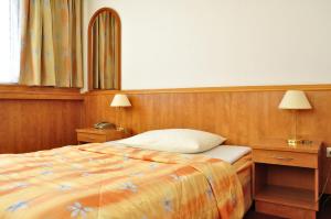 Un pat sau paturi într-o cameră la Hotel Olympik