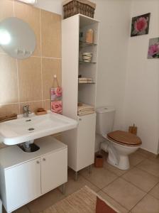 uma casa de banho com um lavatório e um WC em Appartement T2 bord de mer/piscines em Moriani Plage