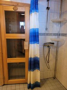 a shower with a glass door in a bathroom at Villa Okra in Rastinniemi