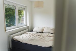 a bed sitting in a room next to a window at Appartment in den Weinbergen bei Mainz - mit 2x Doppelzimmern, 1x großes Wohnzimmer, Bad & Küche in Stadecken-Elsheim