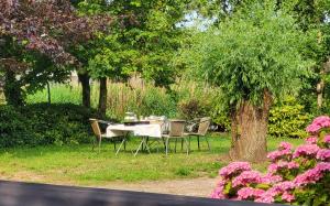 een tafel en stoelen in een tuin met een boom bij LUXE Bloemenzicht 4 personen, BnB, 10 minuten van zee in Breezand