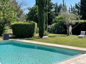 een zwembad in een tuin met een persoon in het gras bij Les 7 Roses d'Aix in Aix-en-Provence