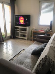 a living room with a couch and a flat screen tv at TheOne Appartement avec garage attenant, entre Montpellier et Sète, près des plages in Villeneuve-lès-Maguelonne