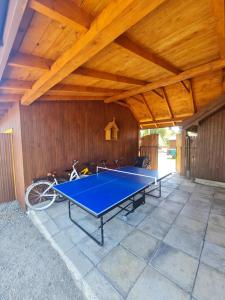 una mesa de ping pong en un patio con techo de madera en Green Wilow Siedlisko, en Wrocanka