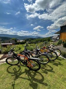 un grupo de bicicletas estacionadas en el césped en Cuda Natury - Niebo, Wiatr, Ziemia, en Zawoja