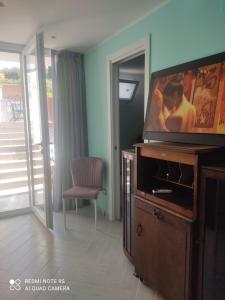 un soggiorno con TV a schermo piatto su un centro di intrattenimento in legno di Bed&Rooms Villa La Gatta a Vatolla