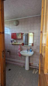 uma casa de banho com um lavatório e um espelho em Kakheti Apartment em Dedoplis Tskaro