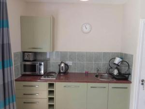 a kitchen with a sink and a microwave at Wadebridge Whitecross studio 1 in Wadebridge