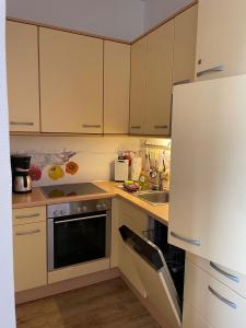 eine Küche mit weißen Schränken, einer Spüle und einem Kühlschrank in der Unterkunft Ferienwohnung Fehmarn am Südstrand in Fehmarn