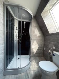 a bathroom with a shower and a toilet at Lux apartments in Orosháza