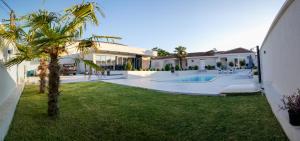 a house with a palm tree and a swimming pool at Reshkov Pool Apartments in Gevgelija