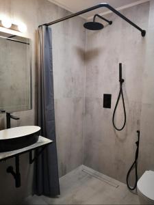 a bathroom with a shower and a sink at Butas su terasa in Šventoji