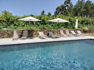 a group of chairs and umbrellas next to a swimming pool at Casa das Bouças in Melgaço