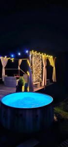 einen Pool im Hinterhof in der Nacht mit Lichtern in der Unterkunft Kuća za odmor Bakina Divljaka in Slavonski Brod