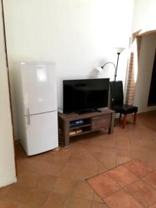 a living room with a television and a refrigerator at Apartment in Nijmegen voor 3 personen in Kranenburg