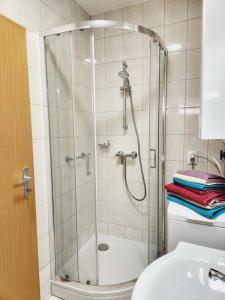 a shower with a glass door in a bathroom at Heviz Victoria apartman in Hévíz +8 photos