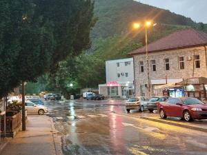 Una calle de la ciudad con coches aparcados bajo la lluvia en Apartman Stil, en Višegrad