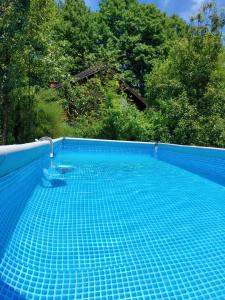 a large blue swimming pool in a yard at FortUNA Holiday Home in Bihać