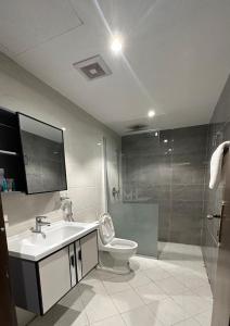 a bathroom with a toilet and a sink and a shower at منازل الشمال للشقق المخدومة Manazel Al Shamal Serviced Apartments in Hail