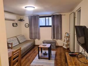 a living room with a couch and a tv at בין הר למעיין in Kefar Tavor