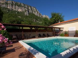a swimming pool in front of a house with a mountain at Ferienhaus Katarina in Bribir