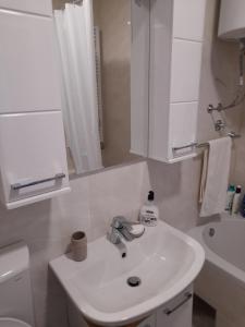 a white bathroom with a sink and a toilet at Apartman Lena in Banja Luka
