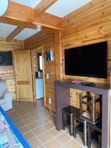 a living room with a large television in a log cabin at Cabaña con encanto y vistas increíbles!! in Sierra Nevada