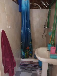 a bathroom with a shower curtain and a sink at Casa de Férias in Tarrafal