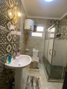 a bathroom with a sink and a shower and a toilet at A gorgeous furnished 3 BDs apt in 6th Of October