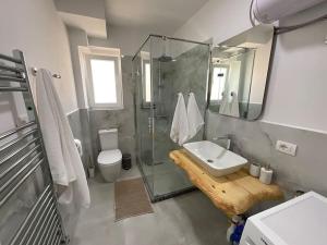 a bathroom with a sink and a shower and a toilet at Spring apartment in Permet in Përmet