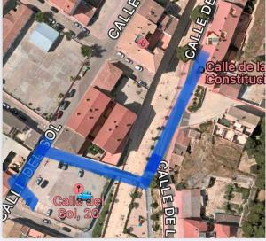 a map of a city with a blue line at El LLANO JOB&FAMILY in Puebla de Alfindén