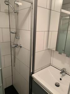 a bathroom with a shower and a sink at Au Coeur du village de Prémanon in Prémanon