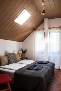 a bedroom with a large bed and a skylight at Endretro Apartments in Siófok