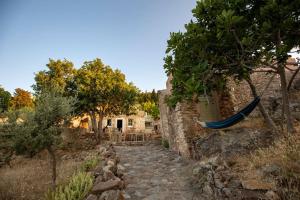 a stone path leading up to a house with a hammock at Renovated old traditional House in Kos