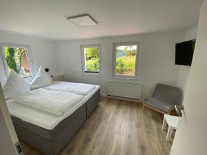 een slaapkamer met een bed en een stoel en 2 ramen bij Ferienhaus Römer in Wirft